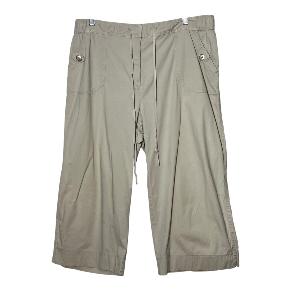 Kim Rogers Womens Khaki Tan Wide Leg Cropped Capri Pants Drawstring Size 16